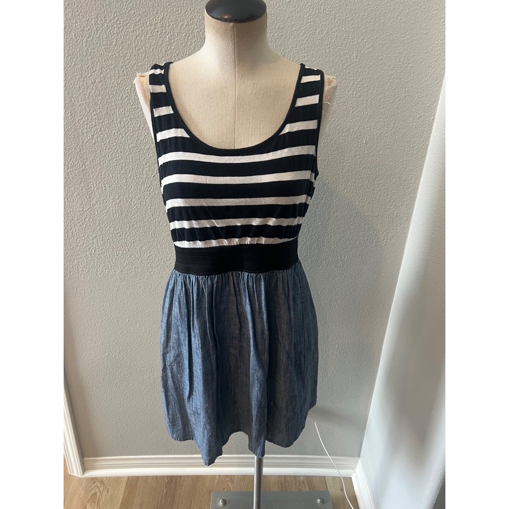 Forever 21 Womens L Black White Striped Chambray Skater Dress Sleeveless